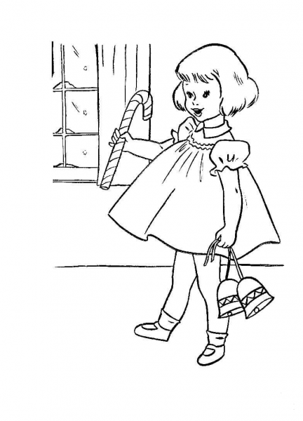 Little girl with Candy and Christmas Bells coloring page image