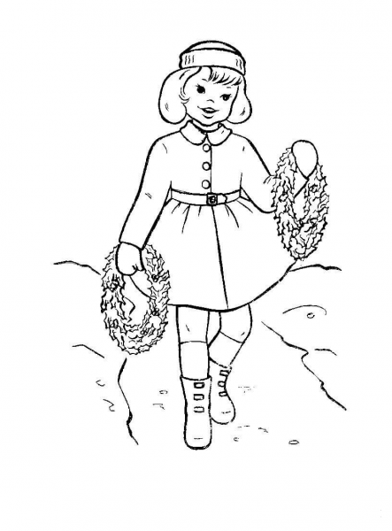 Little girl with wreaths coloring page image