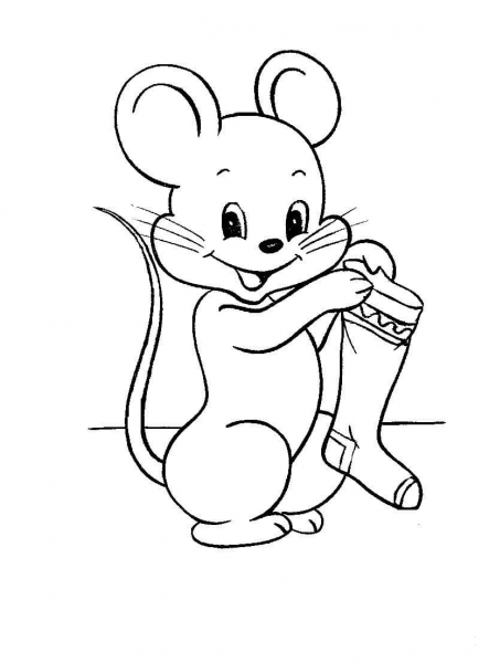 Little mouse with christmas stocking coloring page image