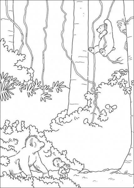 Little Polar Bear is swinging on a liana coloring page image