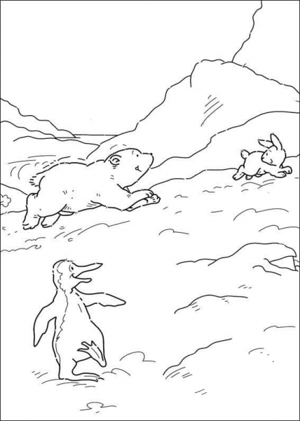 Little Polar Bear Lars Is running after The Rabbit  coloring page image