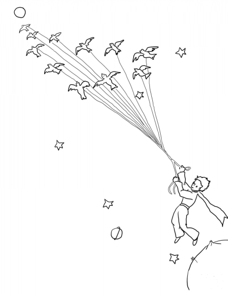 Little Prince Leave His Planet with Migrating Birds coloring page image