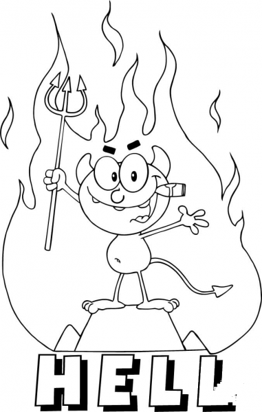 Little Red Devil Holding up a Pitchfork and Smoking a Cigar in Front of Fire and Hell coloring page image