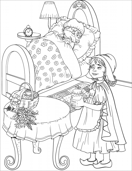 Little Red Riding Hood Looks at the Wolf Disguised as the Grandma coloring page image