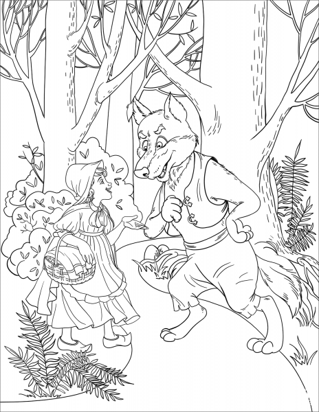 Little Red Riding Hood Meets a Wolf coloring page image