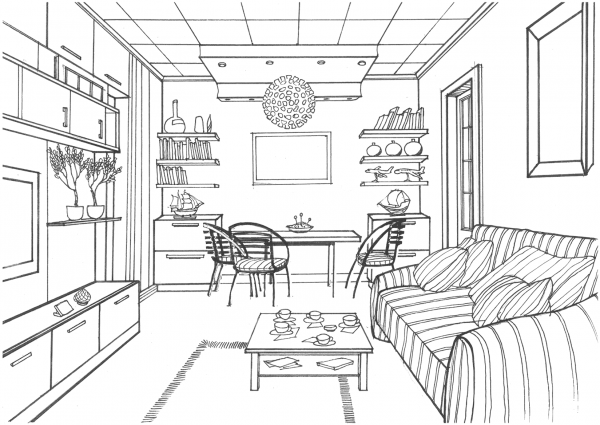 Living Room with a Luminous Ball coloring page image