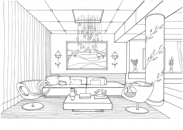 Living Room with Fireflies coloring page image