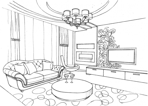 Living Room with Ornament coloring page image