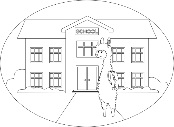 Llama at School coloring page image