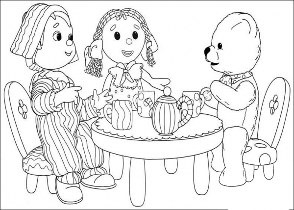 Looby Loo, Andy Pandy And Teddy bear Are Having Tea Time Together  coloring page image