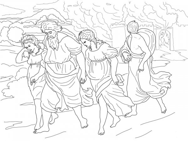 Lot and His Daughters Fleeing the Destruction of Sodom and Gomorrah coloring page image