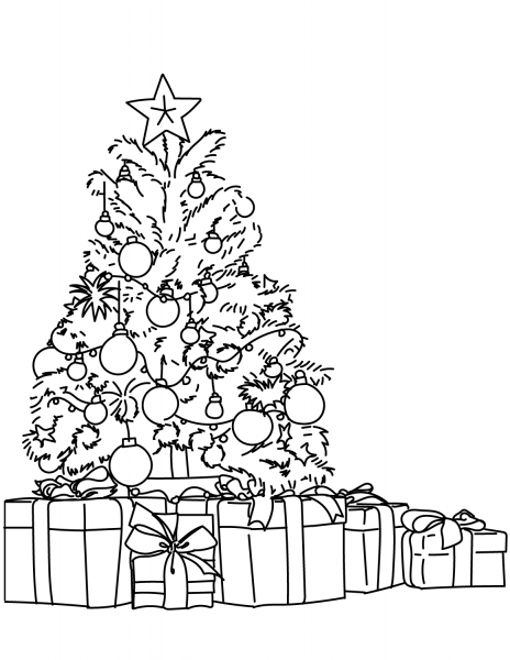 Lots of Gifts Around the Christmas Tree coloring page image