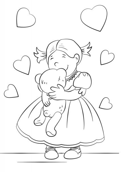 Lovely Girl Hugging a Teddy Bear coloring page image