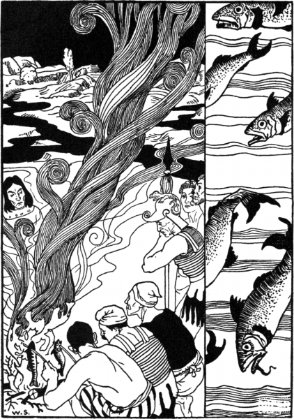 Lucians True History – The Supper of Fish coloring page image