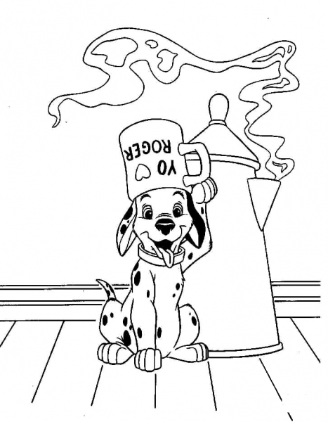 Lucky, a cup and a kettle coloring page image