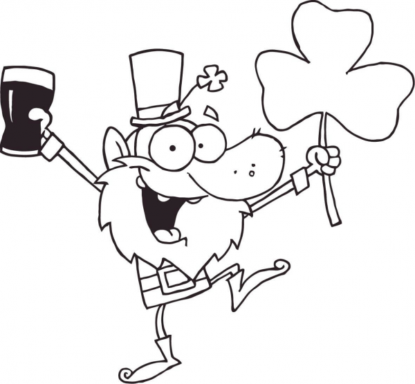 Lucky Leprechaun Dancing with a Glass of Beer and Shamrock coloring page image