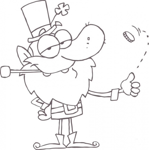 Lucky Leprechaun Playing with a Gold Coin coloring page image