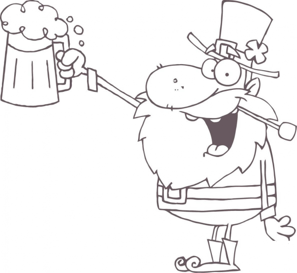 Lucky Leprechaun Toasting with a Mug of Beer coloring page image