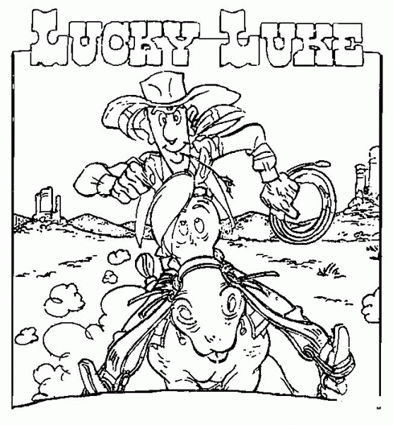 Lucky Luke, horse and lasso coloring page image