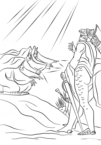 Macbeth and Banquo Meet the Three Witches on a Heath coloring page image