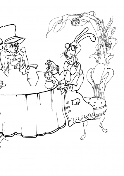 Mad Hatter and the Mad March Hare at the tea party coloring page image
