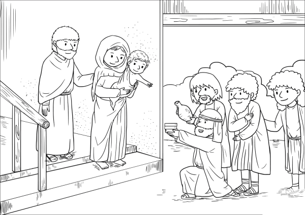 Magi Presenting the Child with Gifts of Gold, Frankincense and Myrrh coloring page image