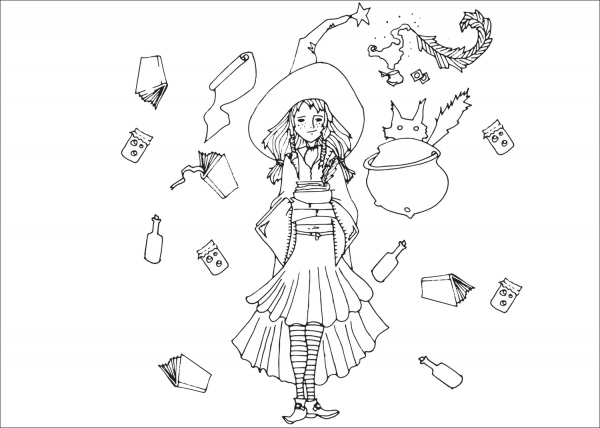Magical School Girl Witch coloring page image