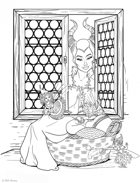 Maleficent Watches over Aurora coloring page image