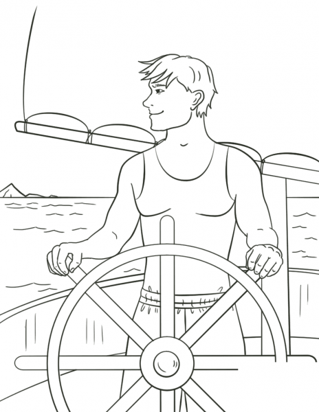 Man at Ship Wheel coloring page image