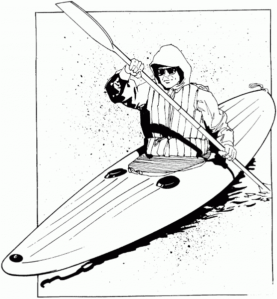 Man Floating on Kayak coloring page image