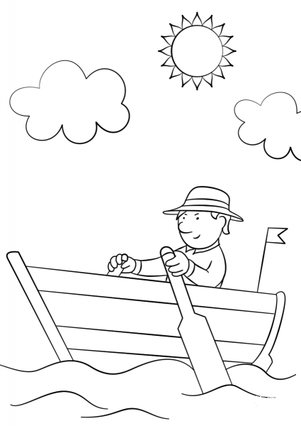 Man in Wooden Row Boat coloring page image