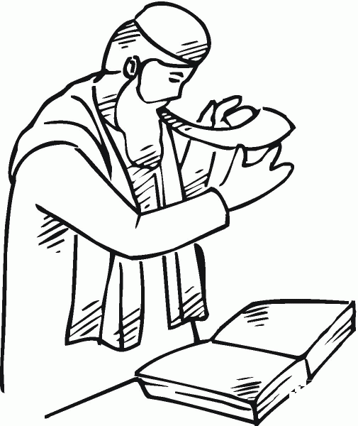 Man is blowing shofar during Synagogue worship coloring page image