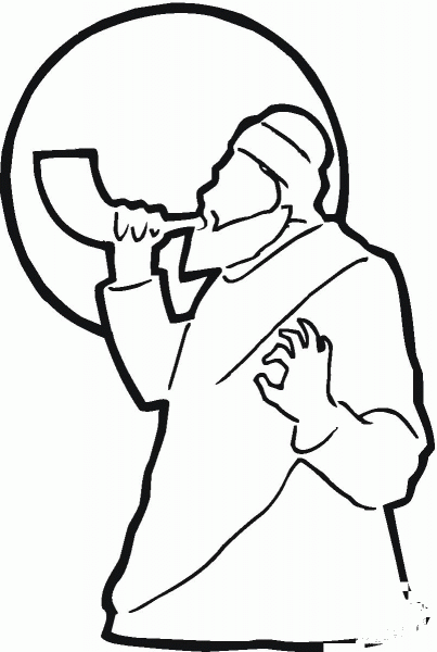 Man is blowing shofar near the moon coloring page image