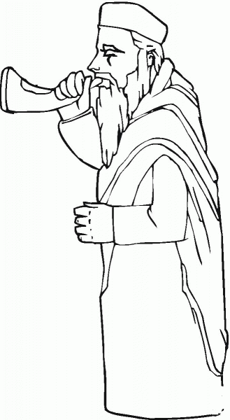 Man is playing Shofar coloring page image