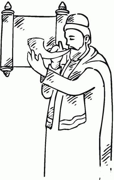 Man with a shofar near scroll coloring page image