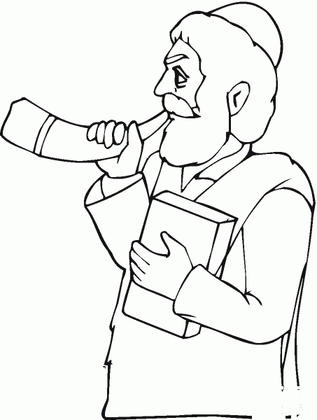 Man with book is playing horn coloring page image