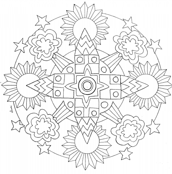 Manadala with Stars Sun And Trees coloring page image