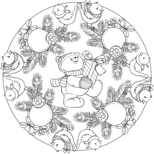 Mandala with Birds, Christmas Ornament and Teddy Bear Holding a Present coloring page image