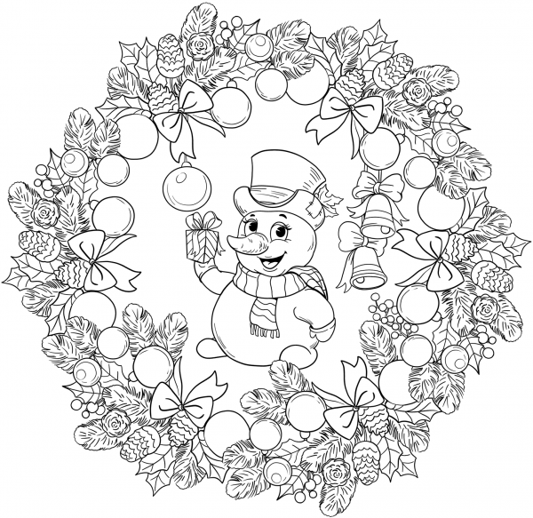 Mandala with Christmas Ornament and Cute Snowman coloring page image