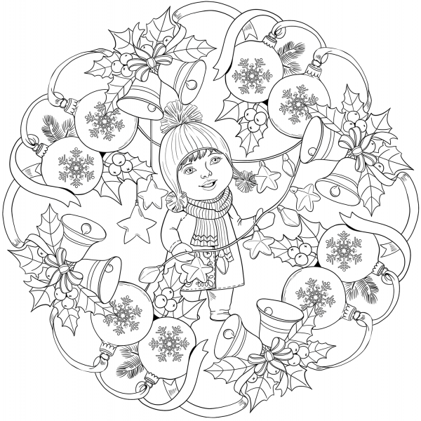 Mandala with Christmas Ornaments, Bells and a Little Girl coloring page image