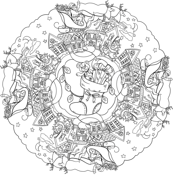 Mandala with Christmas Stocking, Santa and Deers coloring page image