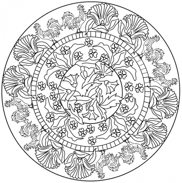 Mandala with Rooster Pattern coloring page image