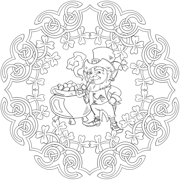 Mandala with St. Patrick Elements like Celtic Knot, Old Leprechaun and Pot of Gold coloring page image