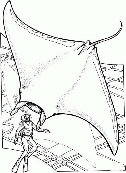 Manta Ray and Scuba coloring page image