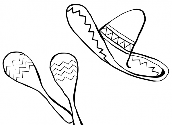 Maracas and Sombrero coloring page image