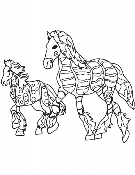 Mare and Colt Zentangle coloring page image