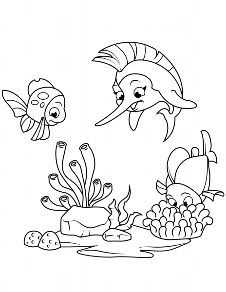 Marlin and Coral Fish coloring page image