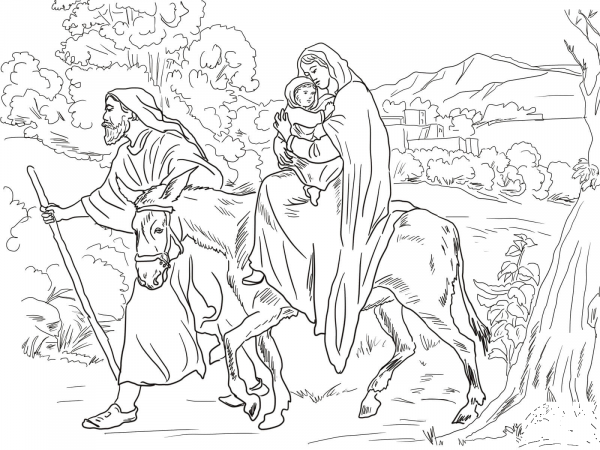 Mary and Joseph Flight Into Egypt coloring page image