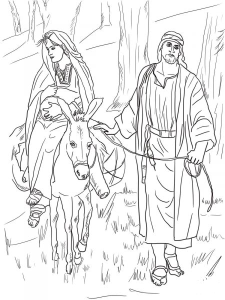 Mary and Joseph on the Road to Bethlehem coloring page image