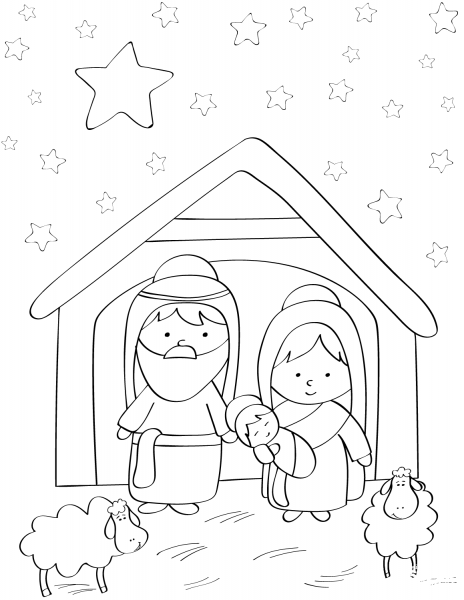 Mary, Joseph and Baby Jesus coloring page image